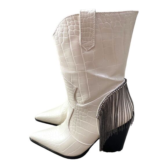 Nasty Gal‎ Faux Croc Fringe Rhinestone White Western Boots Size US Size 6, EU 37 - Picture 4 of 10
